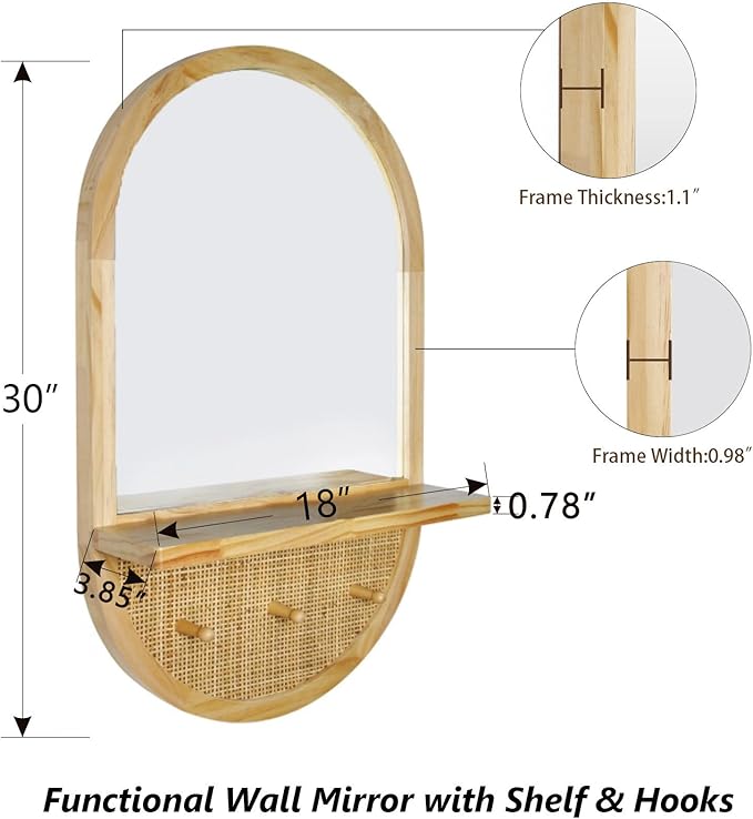 Wood Wall Mirror with Hooks, 30x18 Inch Boho Wall Mirror with Removable Shelf, Oval Solid Wood Framed, Handmade Rattan Mirror Decor Accent for Entryway, Bathroom, Nursery, Bedroom, Living Room