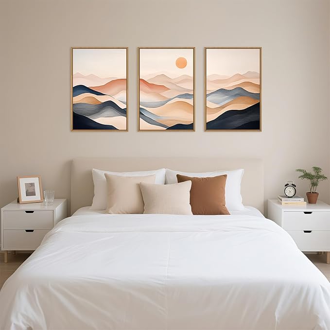 Boho Abstract Mountain Framed Canvas Wall Art Set,Earthy Toned Rustic Sunrise Landscape Wall Decor,Colorful Modern Watercolor Nature Scenery Artwork for Living Room, Bedroom,Farmhouse-16"x24"x3