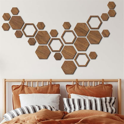 Hexagon Wood Wall Art, 27 PCS Modern Hollow Wooden Honeycomb Wall Stickers, DIY Modern Geometric Wood Wall Art Decor, 3D Wooden Hexagon Wall Tiles for Living Room, TV Background, Office