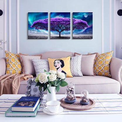 Lapremoly Canvas Wall Art For Living Room Boho Decor Bedroom Farmhouse Pictures Aurora Purple Tree Scenery Paintings Office Prints Modern Dormitory Home Decorations 16'' X 24'' 3 Piece