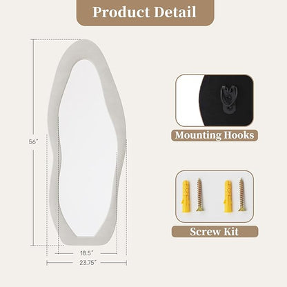 56"x24" Irregular Wavy Mirror, Flannel Full Length Mirror with Stand, Wall Mirror for Bedroom, Living Room, Cloakroom, Entryway, Beige