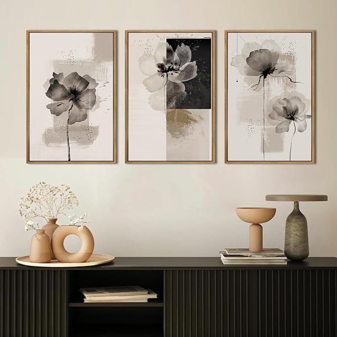 IARTTOP Framed Black Neutral Large Wall Art 16x24 Inch White Beige Abstract Floral Canvas Wall Decor Modern Minimalist Flower Paintings for Living Room Bedroom Dining room Set of 3