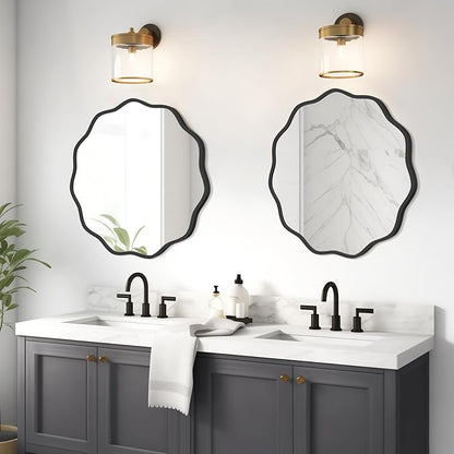 WallBeyond Round Wavy Mirror for Wall Decorative 24 inch, Modern Round Mirror Aluminum Frame for Bathroom Bedroom Living Room Home House Office Entryway, Black