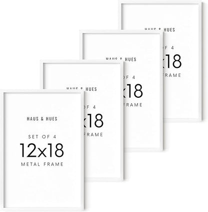 HAUS AND HUES 12x18 White Aluminum Frame Set of 4 - Premium Build, Vertical & Horizontal Hanging, Shatterproof Plexiglass (12x18 in, White)