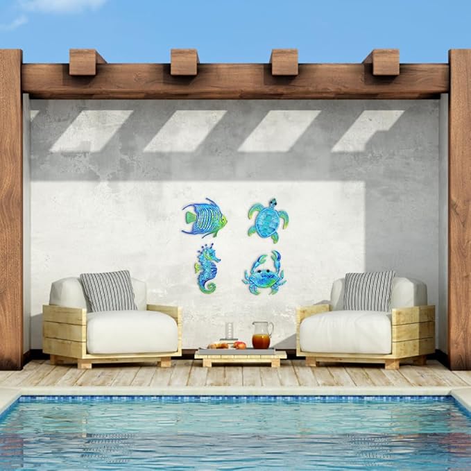 Coastal Decor Metal Wall Art, Ocean Theme Outdoor Wall Decor, Crab Seahorse Sea Turtle Metal Fish Nautical Wall Decor for Pool Fence Bathroom Indoor Garden Yard Kitchen (Set of 4)