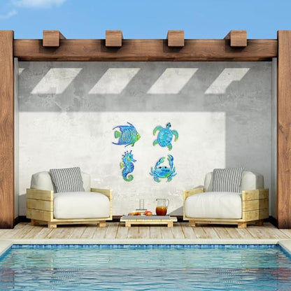 Coastal Decor Metal Wall Art, Ocean Theme Outdoor Wall Decor, Crab Seahorse Sea Turtle Metal Fish Nautical Wall Decor for Pool Fence Bathroom Indoor Garden Yard Kitchen (Set of 4)