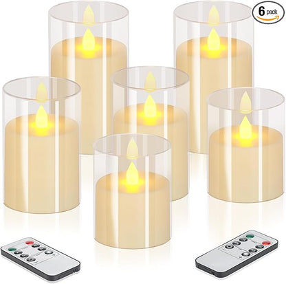 wemarry Flameless Candles 4" 5" 6" Acrylic Glass Pillars 3" Diameter Battery Operated Flickering Candles Include 8-Key Remote with Timer Function 400+ Hours (Pure White, Warm Light 6 Pack)
