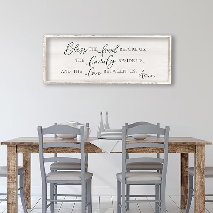 Bless the Food Before Us Wall Decor Sign 40" X 15" Dining Room Wall Decor Framed Wood for Large Farmhouse Vintage Prayer Catholic Kitchen Wall Hanging Scripture Bible Verse Art (White)