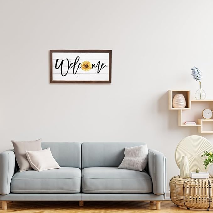 Sunflower Welcome Sign, Welcome Decoration for Front Door, Porch Decor Signs, Rustic Wall Decors, Decorative Wooden Plaques, Housewarming Gift, Wooden Framed Wall Decor 15×7.5×0.3 inches