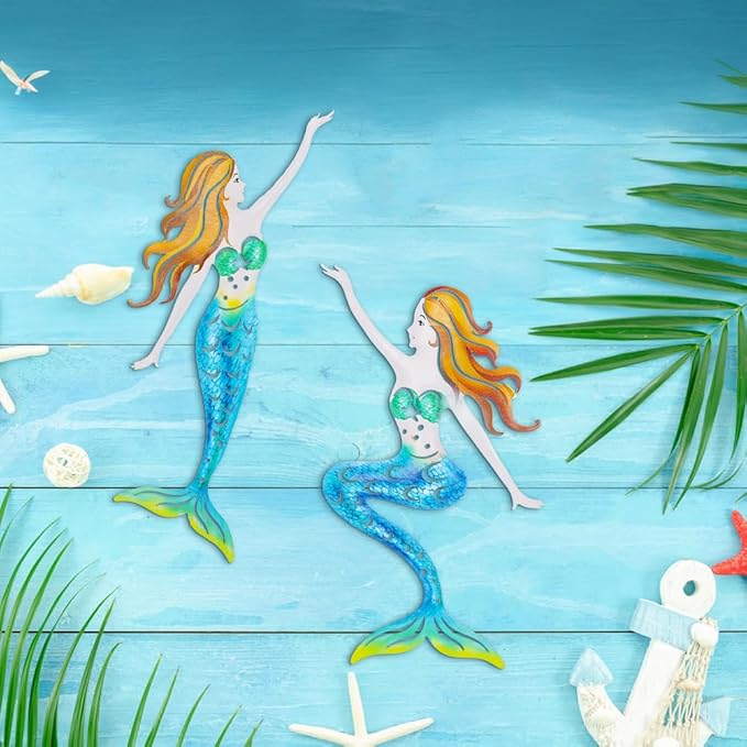 Metal Mermaid Wall Art, Ocean Indoor/Outdoor Art, Fish Wall Art for Bathroom, Kitchen, Garden & Pool (2 Pcs)