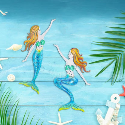 Metal Mermaid Wall Art, Ocean Indoor/Outdoor Art, Fish Wall Art for Bathroom, Kitchen, Garden & Pool (2 Pcs)