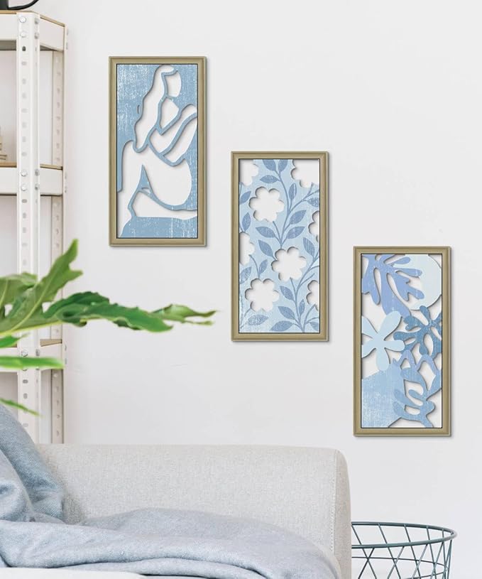 Putuo Decor Boho Floral Wall Art, Minimalist Blue Flower Botanical Wooden Wall Decor with Women Figure Patterns, Modern Aesthetic Print Art for Bedroom Bathroom Living Room Office Set of 3