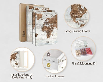 Wall Art for Living Room Office Artwork Extra Large Canvas Prints World Map Pin Board Travel Map Vintage Brown Farmhouse Pictures for Bedroom Dining Room Inspirational Wall Decor