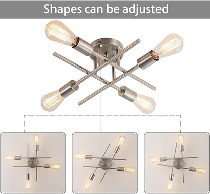 4-Light Modern Sputnik Chandeliers, Silver Mid Century Semi Flush Mount Ceiling Light Fixtures with E26 Base, Industrial Vintage Kitchen Farmhouse Light for Dining Room Bedroom Living Room