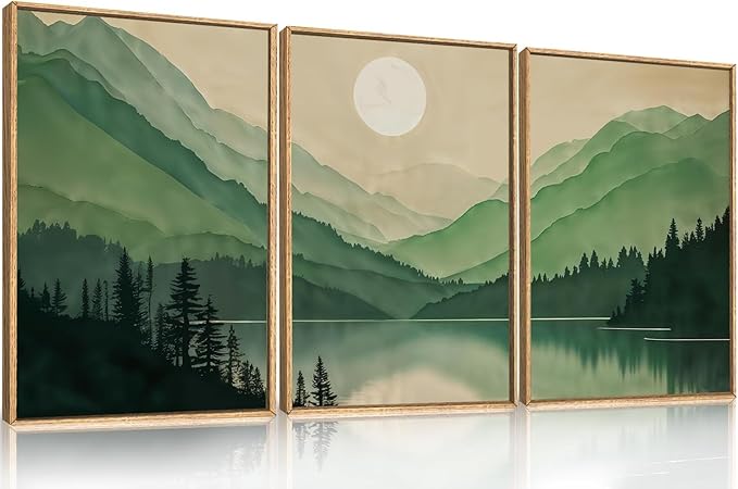 Watercolor Mountains Framed Canvas Wall Art, Boho Sun Forests Wall Decor, Green Scenery Wall Painting, Modern Woodland Artworks for Living Room, Bedroom, Dining Room, Office - 24"x36"x3