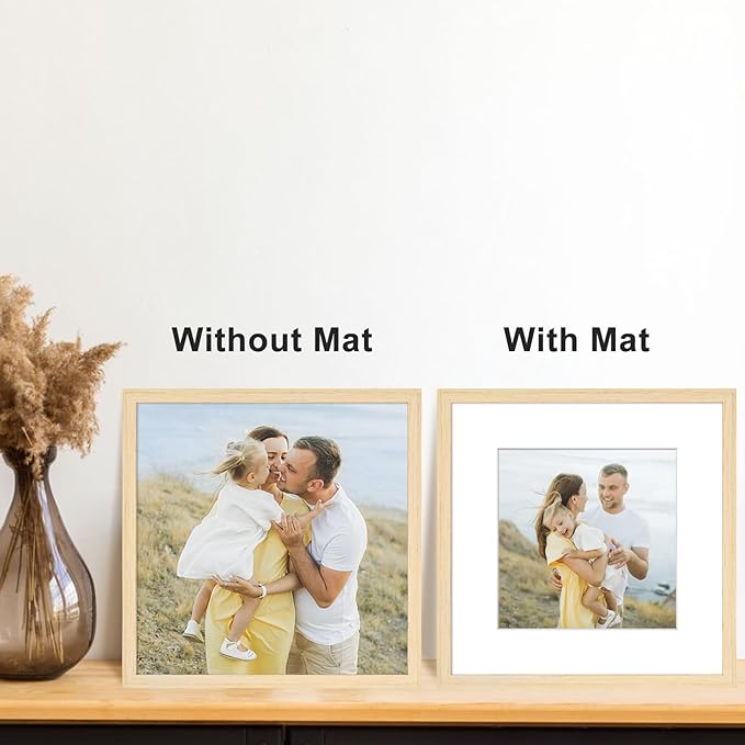 12x12 Picture Frame Set of 6, Display Pictures 8x8 with Mat or 12x12 Without Mat, Tabletop Display and Wall Hanging Photo Frame, Gallery Wall Frame Set, Natural Wood Color