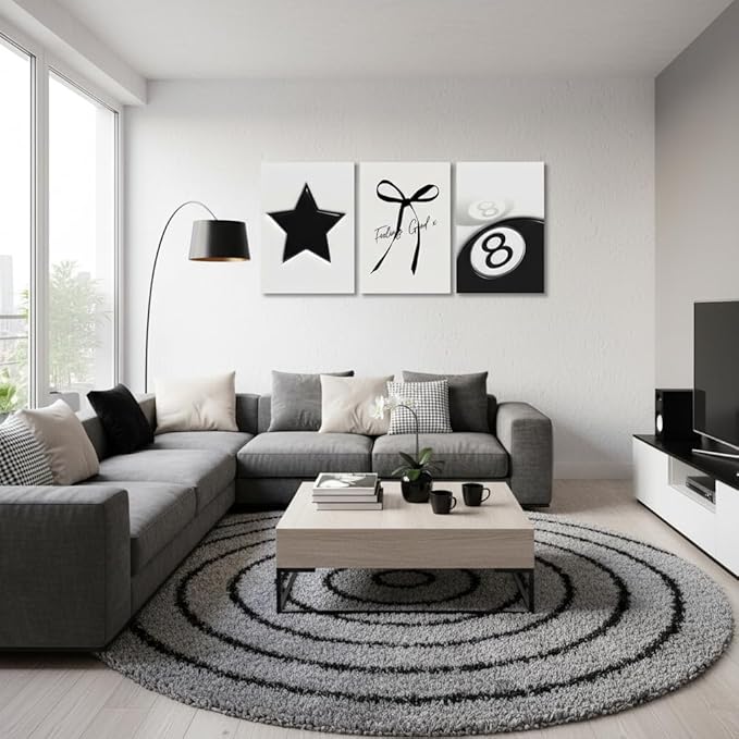 Black and White Wall Art Set of 3, Trendy Star Bow 8 Ball Canvas Wall Decor, Minimalist Aesthetic Wrapped Canvas Prints Ready to Hang for Teen Girl Bedroom Dorm Apartment Room 16x12 or 24x16 Inch
