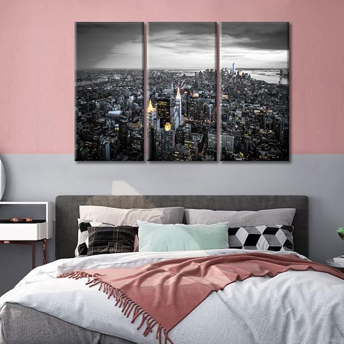 3 Panels Manhattan, New York Nighttime Lightscape Modern Home Decor Beautiful City Skyline Canvas Paintings for Bedroom, Living Room, Office. Posters and Prints Framed Ready to Hang (42"Wx28"H)