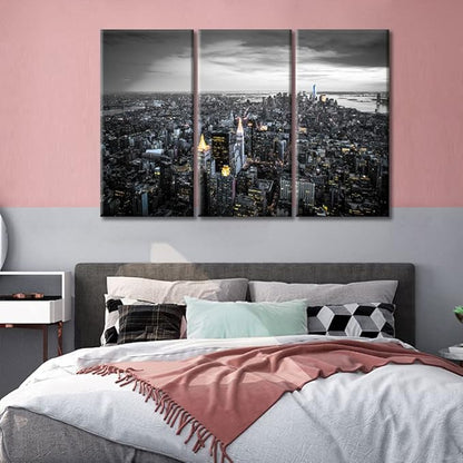 3 Panels Manhattan, New York Nighttime Lightscape Modern Home Decor Beautiful City Skyline Canvas Paintings for Bedroom, Living Room, Office. Posters and Prints Framed Ready to Hang (42"Wx28"H)