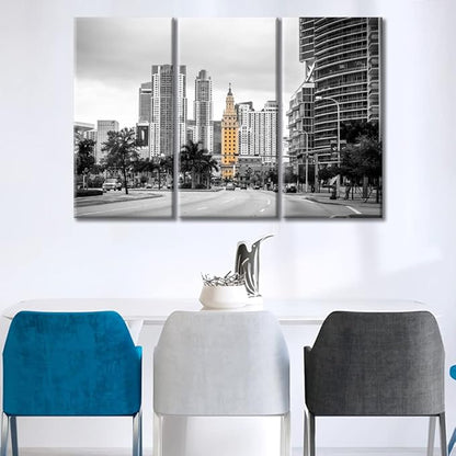 TUMOVO 3 Pieces Miami City Skyline Pictures Home Decor Skyscrapers Cityscape Canvas Paintings Wall Art for Living Room Print on Canvas Stretched and Framed Ready to Hang (42" Wx28 H)