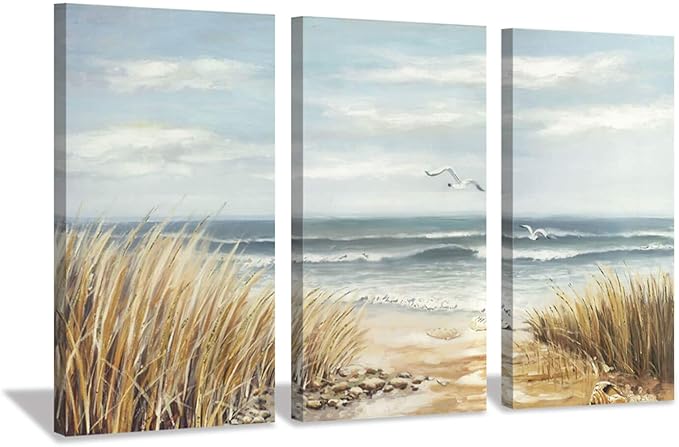 Abstract Beach Canvas Wall Art: Seashore Grasses Artwork Print Seascape Painting for Walls (26'' x 16'' x 3 Panels)