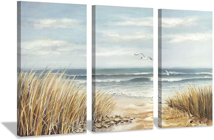 Abstract Beach Canvas Wall Art: Seashore Grasses Artwork Print Seascape Painting for Walls (26'' x 16'' x 3 Panels)