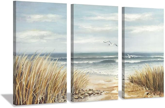 Abstract Beach Canvas Wall Art: Seashore Grasses Artwork Print Seascape Painting for Walls (26'' x 16'' x 3 Panels)