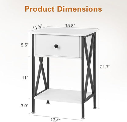VECELO Nightstands, Modern Bedside End Tables Set of 2, Night Stand with Drawer and Storage Shelf for Living Room Bedroom, Industrial Metal Frame