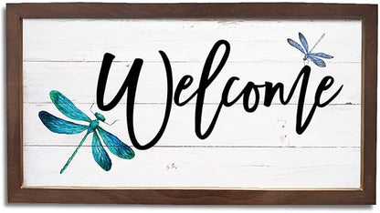 Dragonfly Welcome Sign, Front Door Porch Decors, Welcome Decoration for Wall, Country Style Home Decor, Housewarming Decors, Wooden Framed Wall Decor 15×7.5×0.3 inches