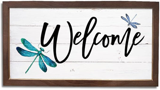 Dragonfly Welcome Sign, Front Door Porch Decors, Welcome Decoration for Wall, Country Style Home Decor, Housewarming Decors, Wooden Framed Wall Decor 15×7.5×0.3 inches
