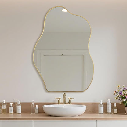 BOMINICA Irregular Wall Mirror Asymmetrical Mirror, Decorative Wall Mirror Golden Wood Framed, Wall Mounted Mirror for Bathroom Living Room Entryway Bedroom Hallway (Gold, 24" x 36")