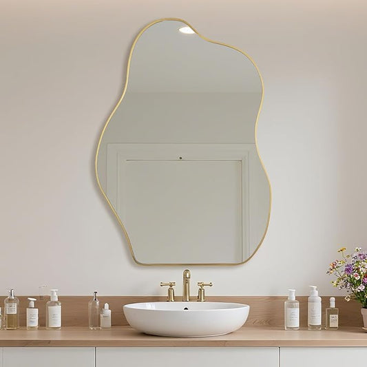 BOMINICA Irregular Wall Mirror Asymmetrical Mirror, Decorative Wall Mirror Golden Wood Framed, Wall Mounted Mirror for Bathroom Living Room Entryway Bedroom Hallway (Gold, 24" x 36")