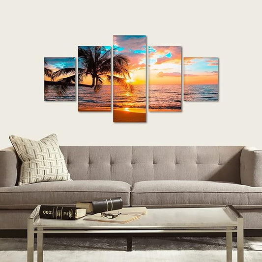 Yatsen Bridge Beaches Wall Art 5 Piece Set Sunset Poster Ocean Scenic Nature Pictures HD Print on Canvas Office Home Decor Framed Ready to Hang - 60''W x 32''H