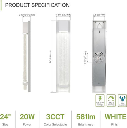 ASD LED 24" Bubble Glass Wall Light Fixture, Outdoor & Indoor Seeded Sconce | 3CCT, Waterproof, Dimmable, ETL Listed | 20W 600LM 3000-5000K 100-277V | Exterior Lantern, Porch Lighting | White, 2 Pack