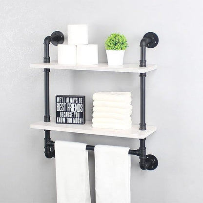 MBQQ Iron Pipe Shelves Industrial Bathroom Shelves with Towel bar,24in Rustic Metal Pipe Floating Shelves Pipe Wall Shelf,2 Tier Industrial Shelf Wall Mounted,Black & White