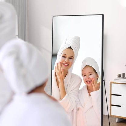 56"X18" Full Length Mirror, Black Floor Mirror with Stand Hanging or Leaning Against Wall Aluminum Alloy Frame Wall Mirror Full Length Tempered Glass for Bedroom Living Room