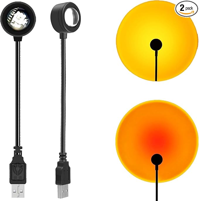 2Pcs LED Sunset Ambient Lamp Mood Light, Flexible and 360° Rotatable USB Warm Night Light,Projector Birthday Party Decoration Portable Mood Light for Bedroom Living, (Sunset Yellow & Red) ﻿