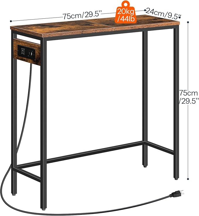 HOOBRO Narrow Console Table with Power Outlets, 29.5" Small Entryway Table with Charging Station, Thin Sofa Table, Side Table, for Hallway, Bedroom, Living Room, Rustic Brown and Black BF75UXG01