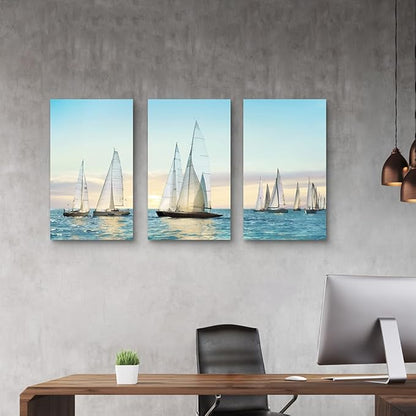 Hardy Gallery sailboat wall art coastal pictures: nautical wall decor sailing artwork blue ocean print in canvas painting for living room 20" x 34" x 3 panels