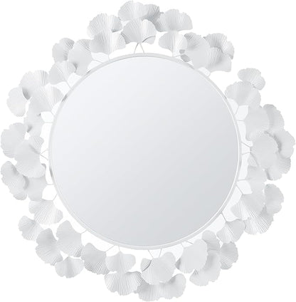 Martha Stewart Wall Décor Large Gingko Leaf Round Wall Mirror for Living Room, Iron Metal Plate Frame Antique Finish, Ready to Hang Bedroom Decoration, Eden, 30.5", White
