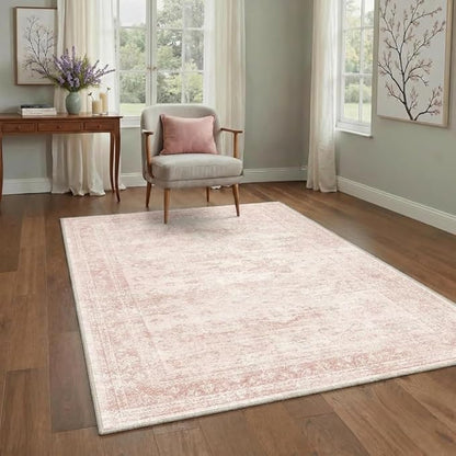 GENIMO 6x9 Area Rugs for Living Room, Machine Washable Non Slip Vintage Rugs, Low Pile Lightweight Chenille Print Rug for Bedroom, Dining Room, Home Office, Pink