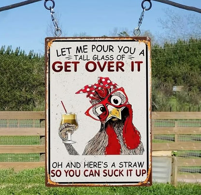 Vintage Rooster Drinking Metal Sign, Funny Chicken Quote Wall Decor, 8 x 12 inches