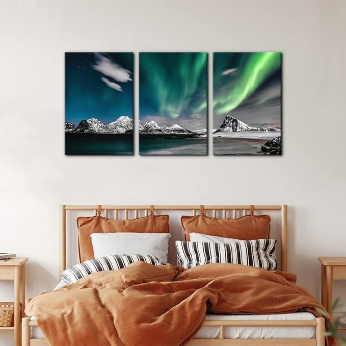 Pacimo Canvas Wall Art Aurora Scenery Painting on Canvas for Living Room Decoration Natural Landscape Canvas Paintings 3 Piece Bedroom Home Office Decor Stretched Framed Ready to Hang - 16"x24"x3 Panels