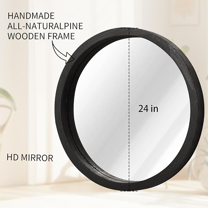 JJUUYOU Round Wall Mirror Circular Wall Mounted Mirror for Bathroom Large Black Circle Mirror for Decor Wooden Hanging Mirror for Farmhouse Living Room Bedroom 24Inch