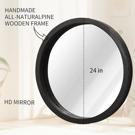 JJUUYOU Round Wall Mirror Circular Wall Mounted Mirror for Bathroom Large Black Circle Mirror for Decor Wooden Hanging Mirror for Farmhouse Living Room Bedroom 24Inch