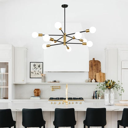 10.9"-52.3" Height Adjustable Modern Chandelier Ceiling Light Fixture, 10-Light Sputnik Chandeliers Brushed Gold and Black Dining Room Light Fixture, Chandeliers for Dining Room (Bulbs Not Included)