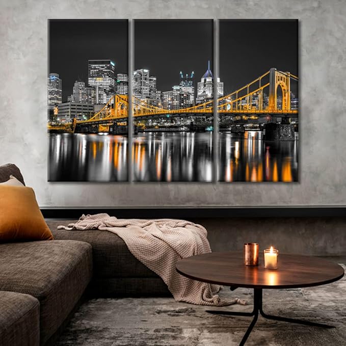 TUMOVO Pittsburgh Pennsylvania Cityscape Home Decor Art Prints Ninth Street Bridge Allegheny River Pictures Bathroom Decor Wall Art 3 Panel Artwork Framed Ready to Hang (60" Wx40 H)