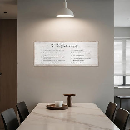 The Ten Commandments Rustic Bible Verse Framed Wall Sign For Family Living Room Kitchen Farmhouse Dining Room Vintage Boho Wall Art Decoration For God Jesus Christ Prayer, 40 x 15 Inch, White