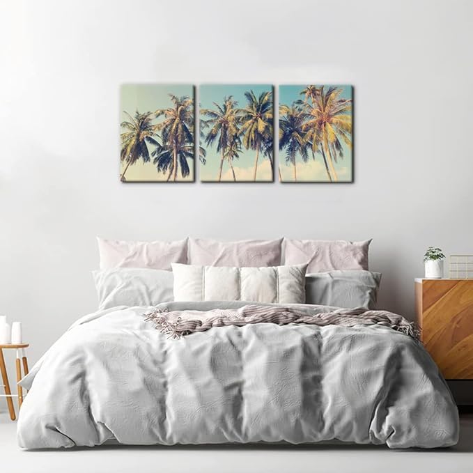 Pacimo Canvas Print Wall Art Set Row of California Palm Trees & Blue Sky Nature Wilderness Photography Realism Chic Scenic Seaside Landscape Pictures Giclee Artwork Stretched Framed - 12"x16"x3 Panels