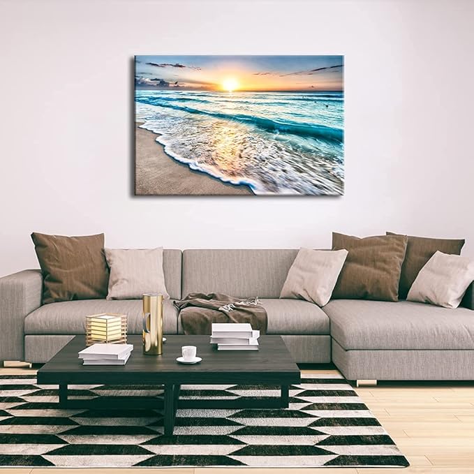 Wieco Art Sea Waves Large Canvas Prints Wall Art Ocean Beach Pictures Paintings Ready to Hang for Living Room Bedroom Home Decorations Modern Stretched and Framed Seascape Giclee Artwork
